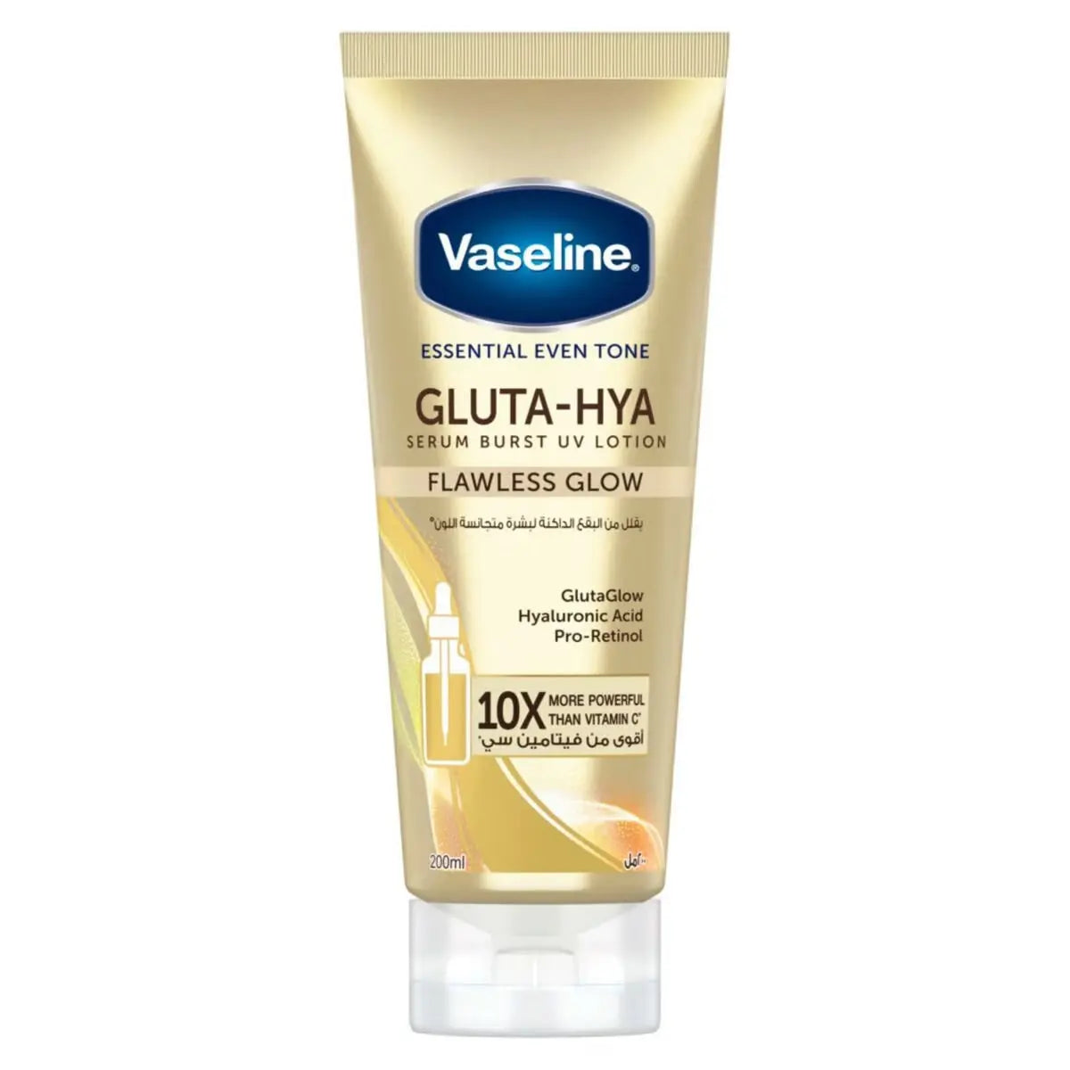 Vaseline Essential Even Tone Gluta-Hya UV Lotion in gold tube with dropper icon, featuring flawless glow serum formula