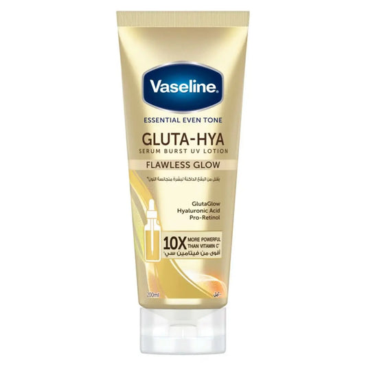 Vaseline Essential Even Tone Gluta-Hya UV Lotion in gold tube with dropper icon, featuring flawless glow serum formula