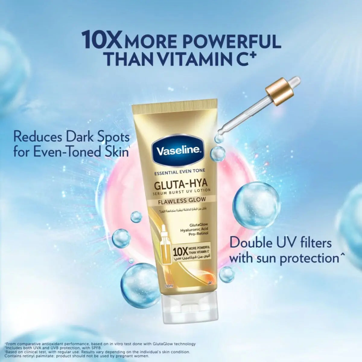 Vaseline Essential Even Tone Gluta-Hya lotion with UV protection shown with water droplets and pink glow on blue background