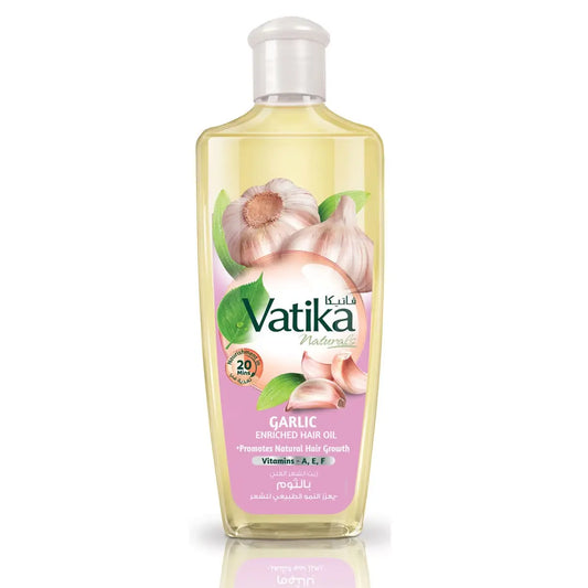 Vatika Naturals Garlic Hair Oil 200ml bottle with garlic illustration and green leaves on pink label background