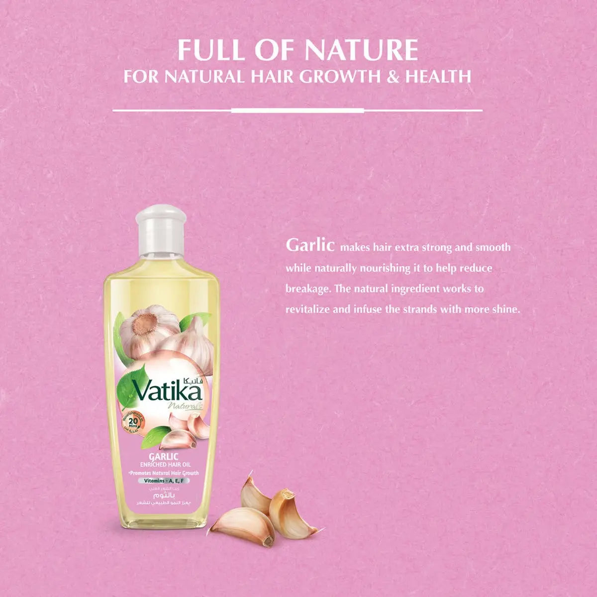 Vatika Naturals Garlic Hair Oil bottle with garlic cloves on pink background promoting natural hair growth and strength