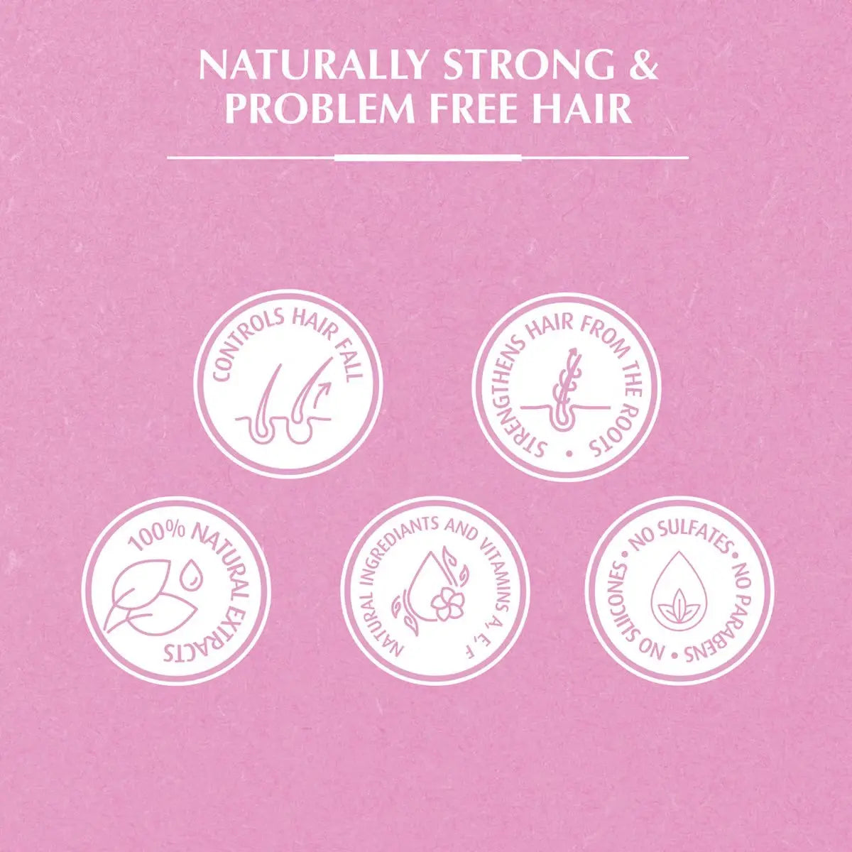 Vatika Naturals Garlic Hair Oil benefits shown with five circular icons on pink background highlighting natural hair care features