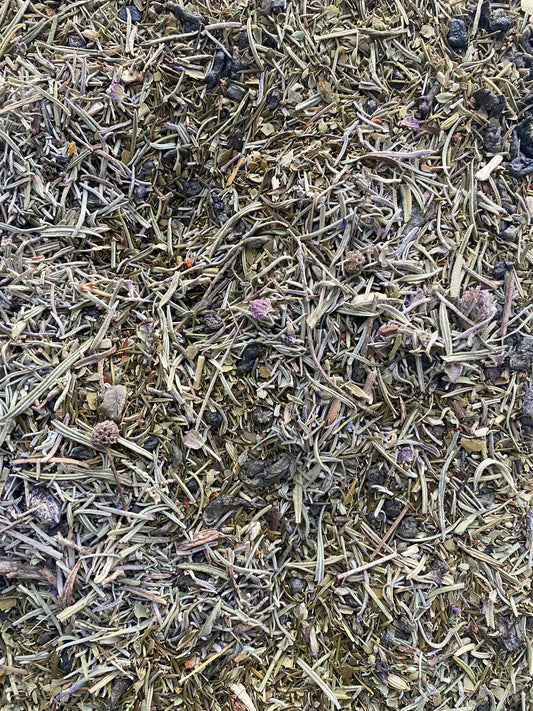 Dried Halhal (helhal) herbal blend with finely chopped leaves and dark pieces, traditional Middle Eastern spice mix, 25g