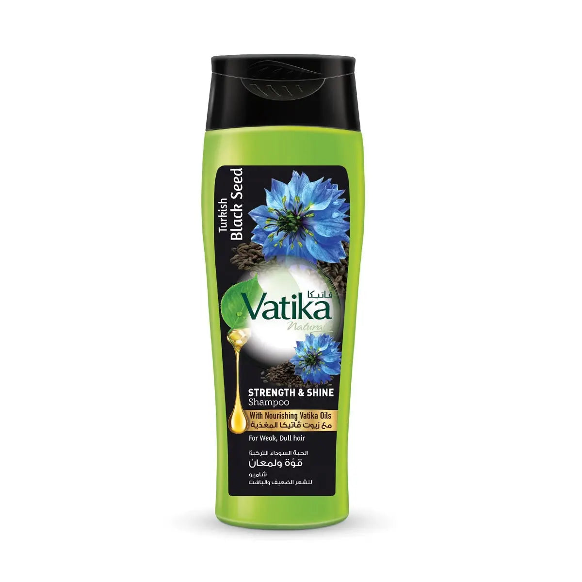 Vatika Naturals Turkish Black Seed Shampoo bottle with blue flower design and green packaging for hair strength and shine