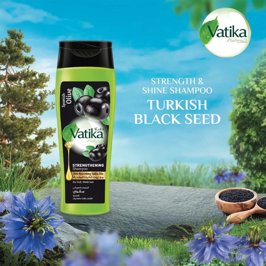 Vatika Naturals Turkish Black Seed Shampoo bottle displayed with black seeds and blue flowers against scenic nature background
