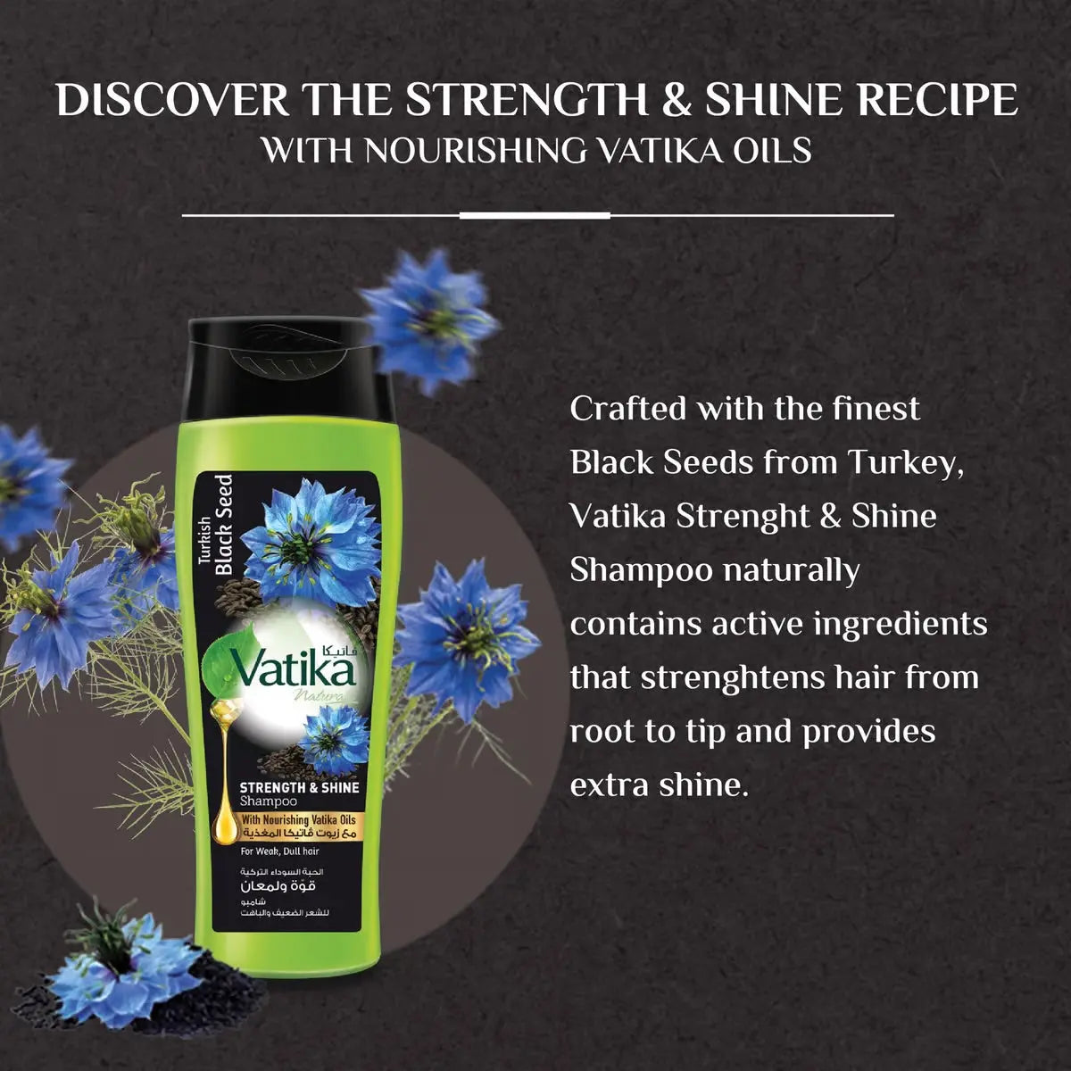 Vatika Black Seed Shampoo bottle with blue cornflowers on dark background showcasing strength and shine formula