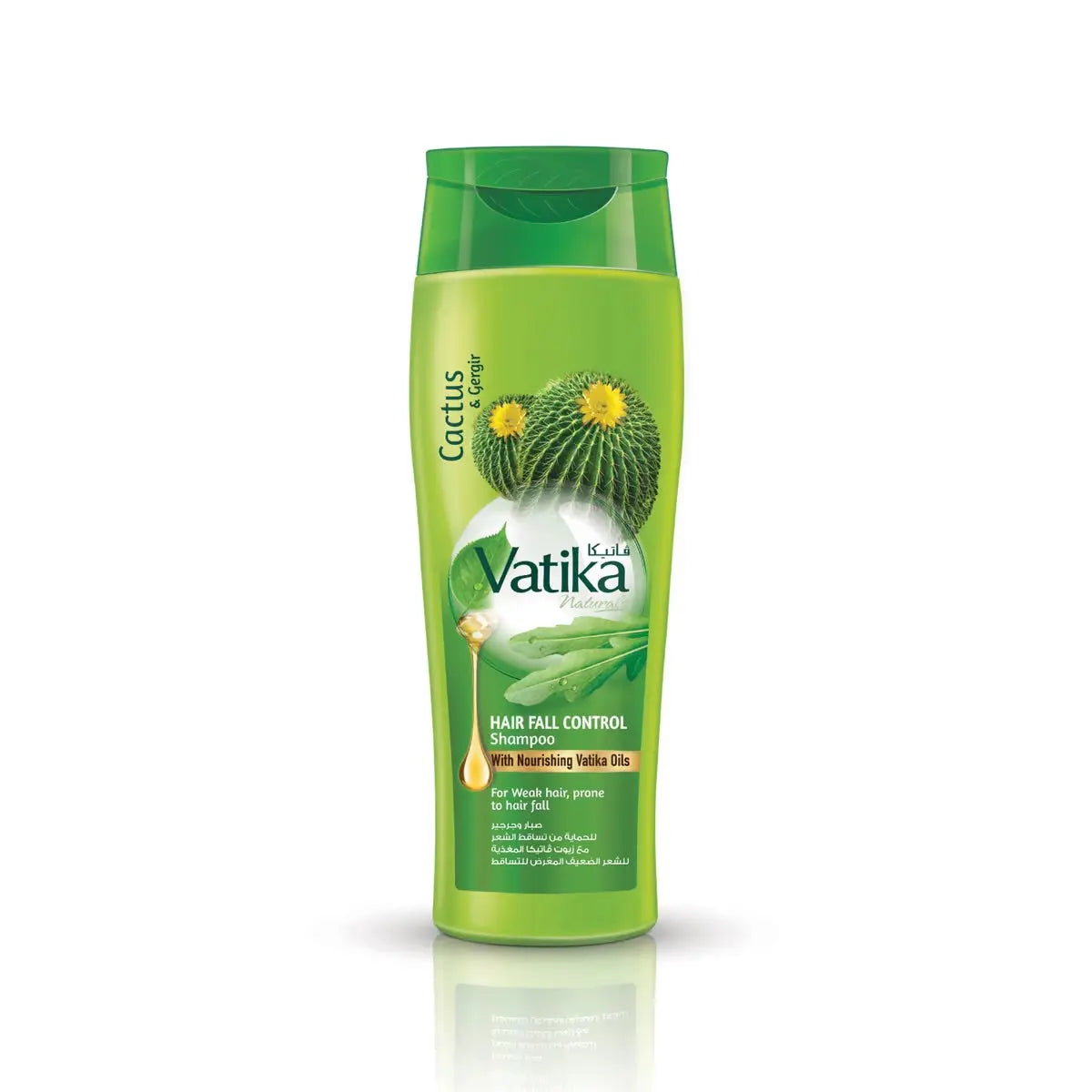 Vatika Naturals Hair Fall Control Shampoo bottle with cactus illustration on green packaging showing 400ml anti-hair loss formula