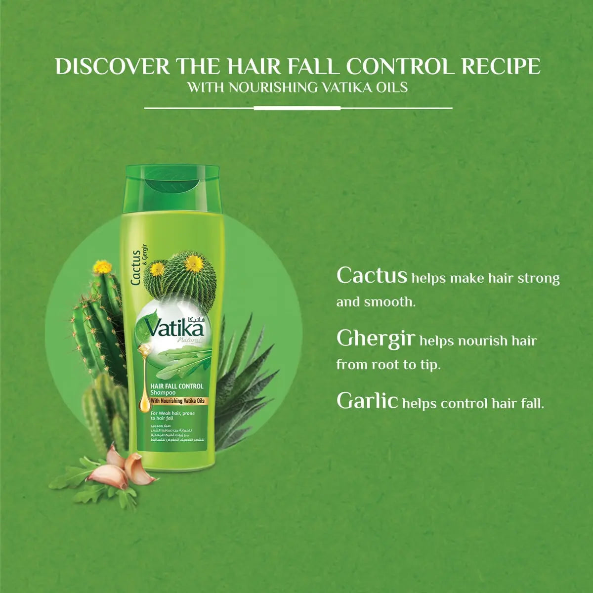 Vatika Naturals Hair Fall Control Shampoo bottle with cactus, ghergir, and garlic ingredients on green background