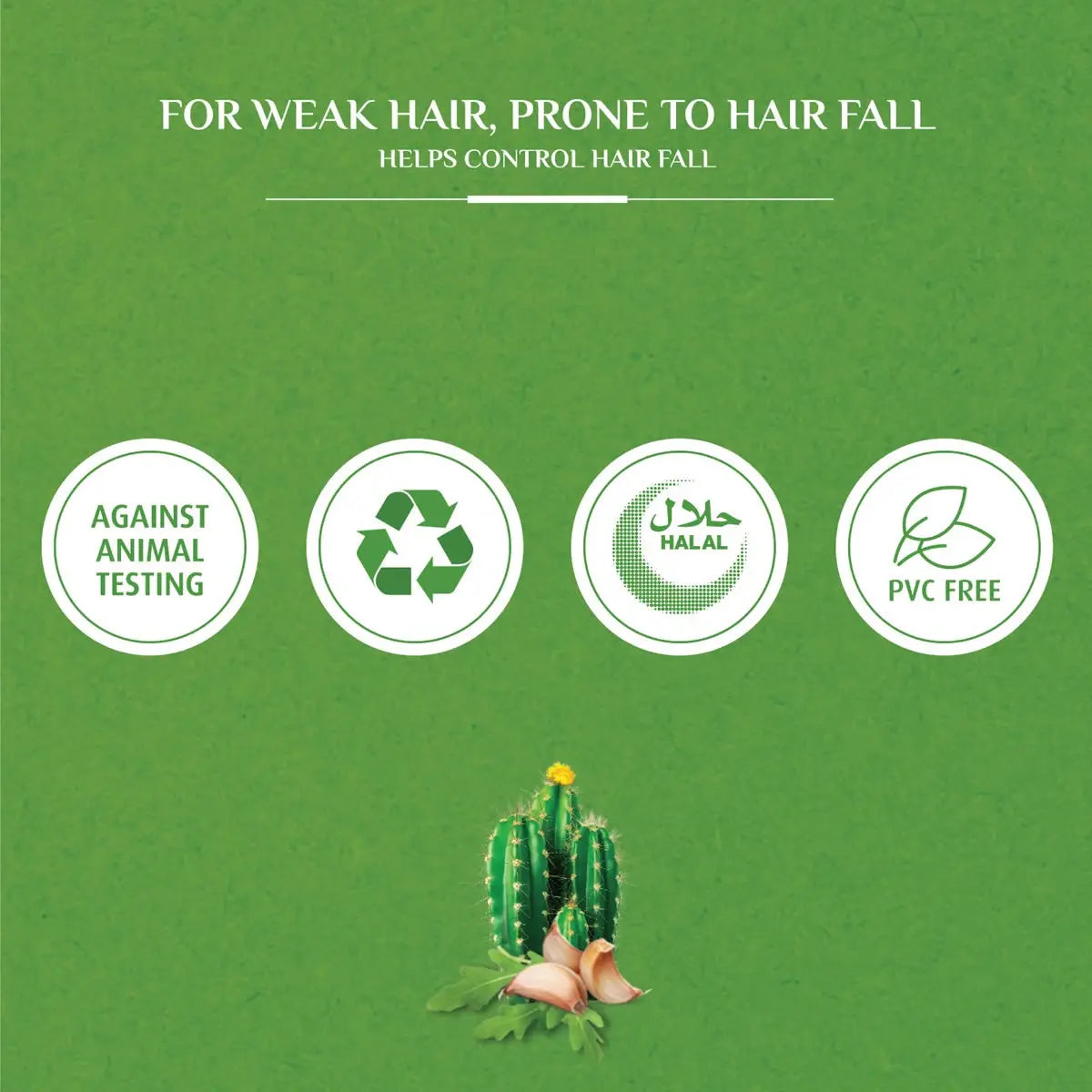 Vatika Naturals Hair Fall Control Shampoo bottle with cactus illustration and product certifications on green background