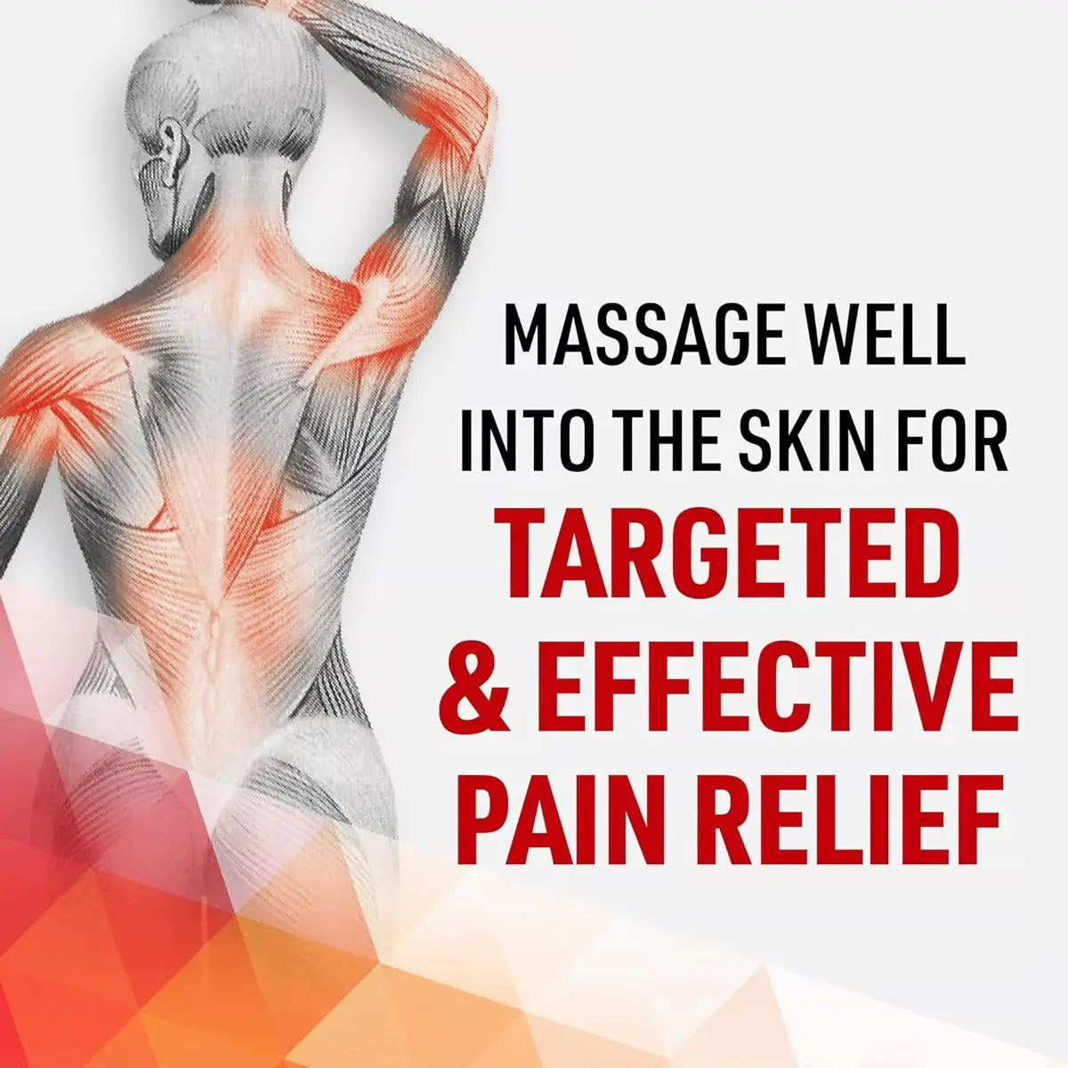 Radian Massage Cream 100g shown with anatomical back illustration highlighting targeted pain relief areas in red