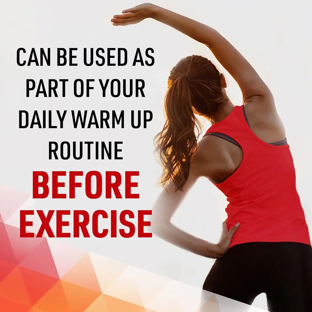 Radian Massage Cream 100g for pre-workout warm-up routine showing person stretching in red tank top