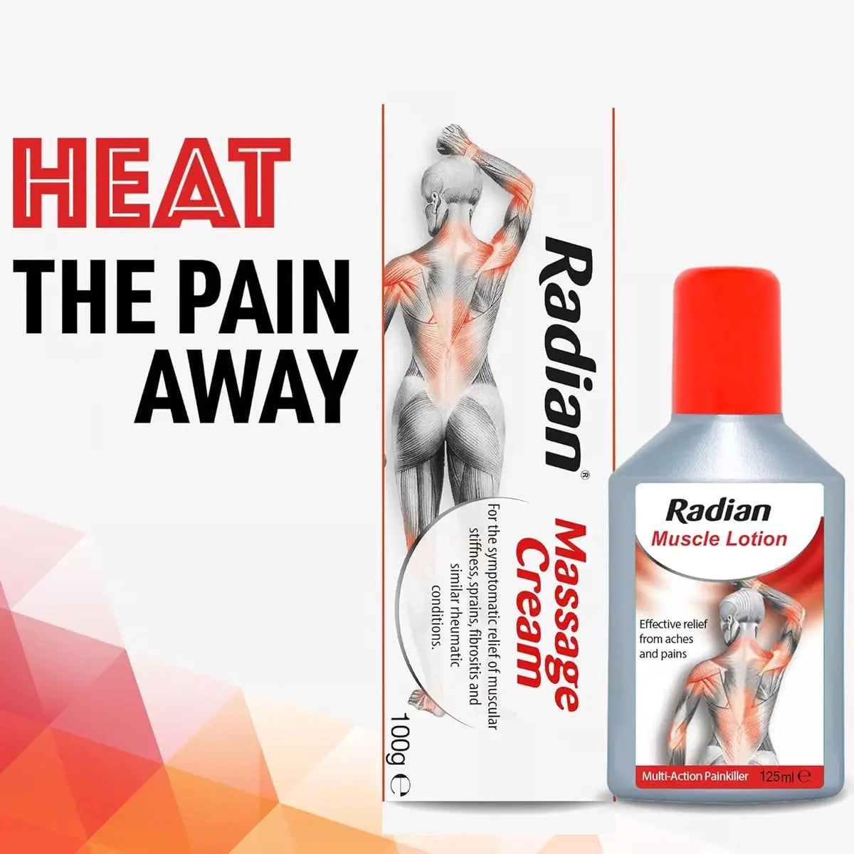Radian Massage Cream 100g bottle and packaging showing heat therapy muscle pain relief product with anatomical illustration