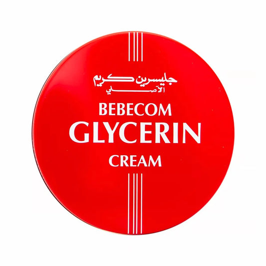 Bebecom Glycerin Cream 250ml red circular container for dry and sensitive skin care, with white Arabic and English text