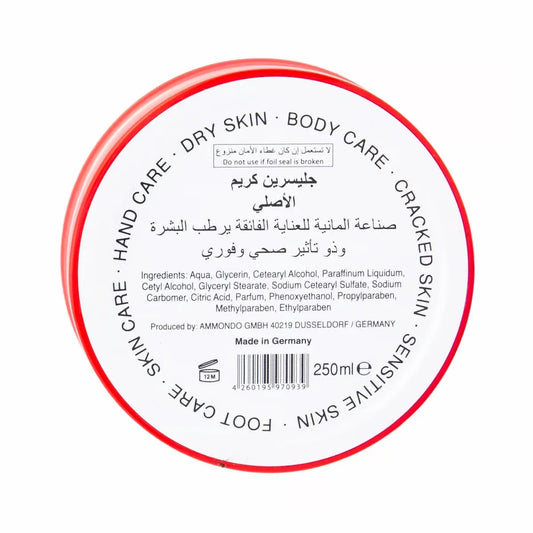 Bebecom Glycerin Cream 250ml container lid showing ingredients and product uses for dry skin and body care in circular text layout