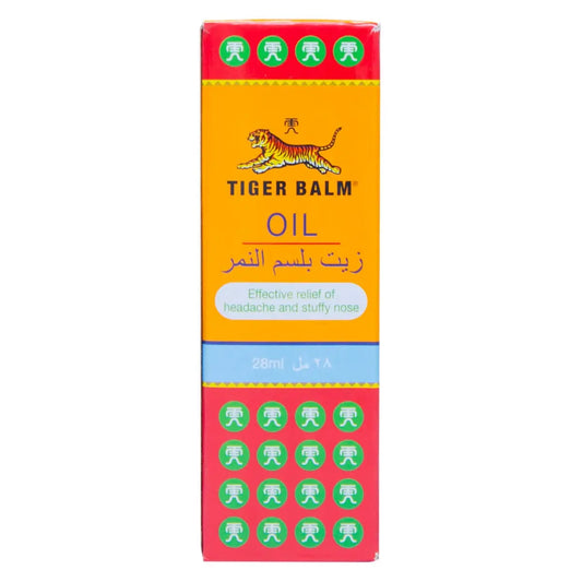 Tiger Balm Oil 28ml product box with orange center panel, red borders and green logo pattern for headache relief