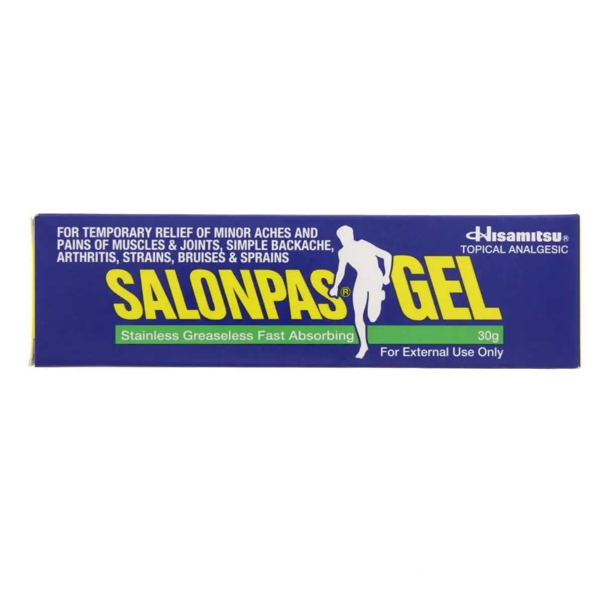 Salonpas Gel 30g pain relief topical analgesic in blue packaging showing stainless greaseless fast absorbing formula
