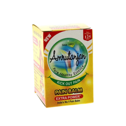 Amrutanjan Balm 8ml pain relief balm in yellow box with extra power formula and green logo