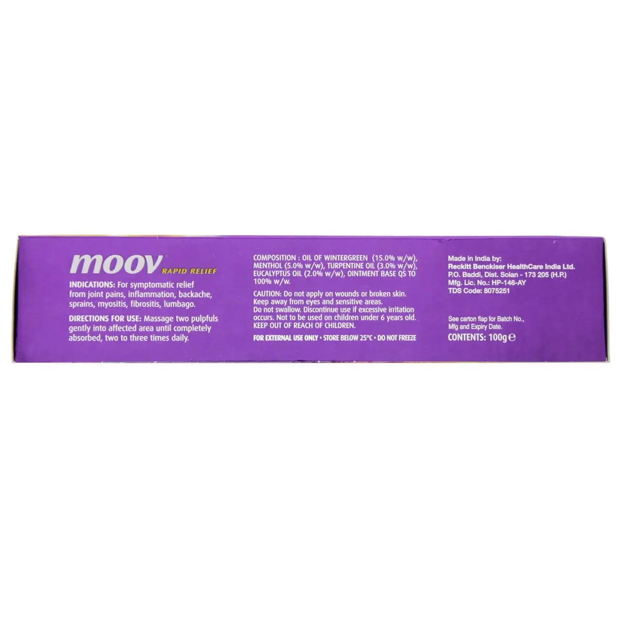 Moov Pain Relieving Rub 100g packaged in a distinctive purple box showing product information and usage directions