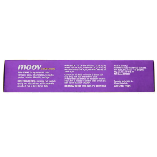 Moov Pain Relieving Rub 100g packaged in a distinctive purple box showing product information and usage directions