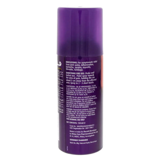 Purple spray can of Moov Rapid Relief Spray 150ml with product information and directions printed on the back