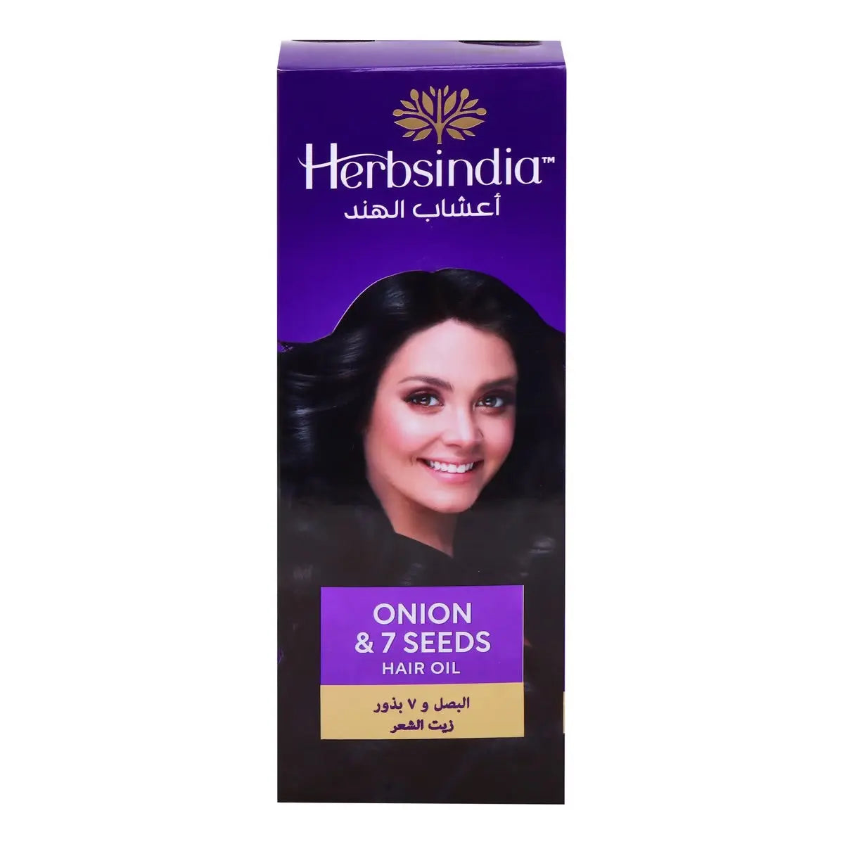 A purple box of Herbsindia Onion & 7 Seeds Hair Oil featuring a product shot and bilingual text in English and Arabic