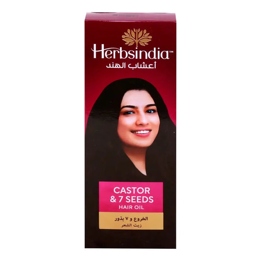 Herbsindia Castor & 7 Seeds Hair Oil 280ml bottle with maroon packaging and gold leaf logo on a white background