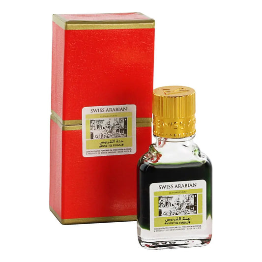 Swiss Arabian Jannet El Firdaus 9ml concentrated perfume oil in glass bottle with red and gold retail packaging box