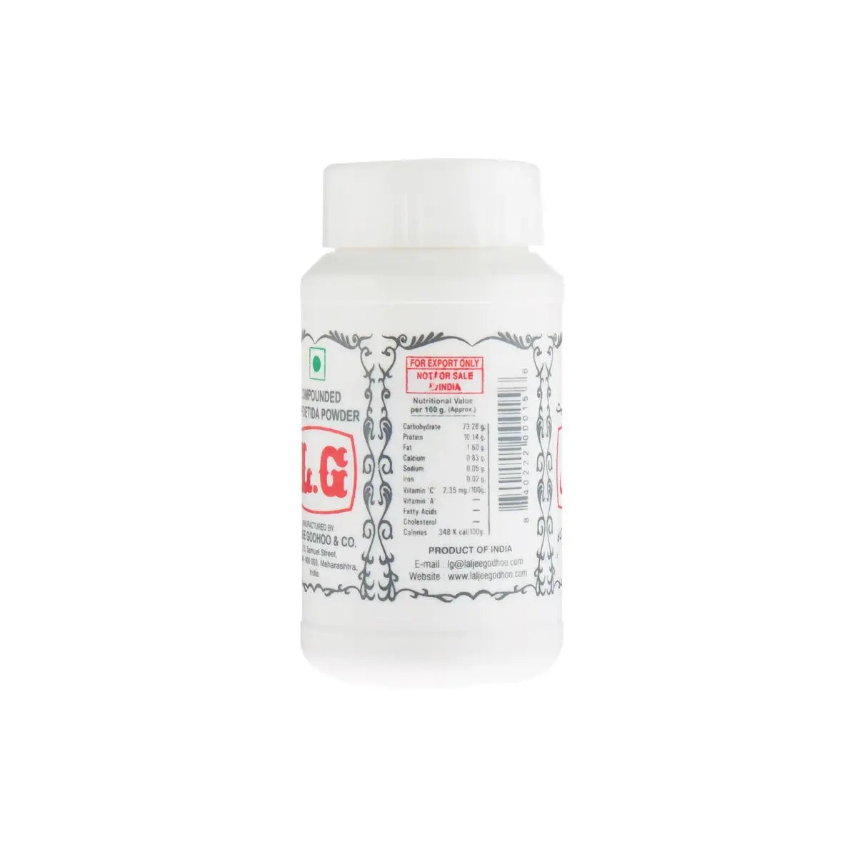 L.G Asafoetida Powder 100g in white plastic container with red logo and decorative black pattern label