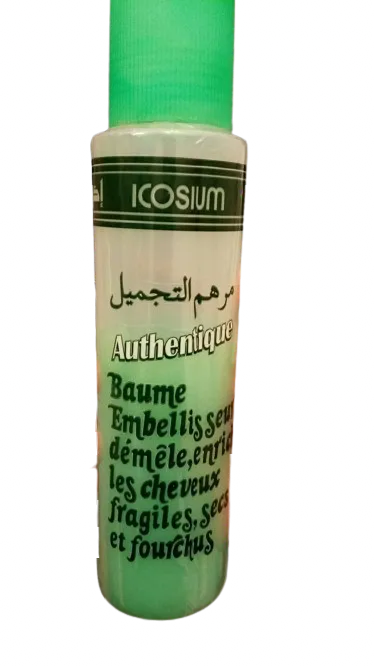 Icosium hair detangling balm in green bottle for dry and damaged hair treatment with Arabic text