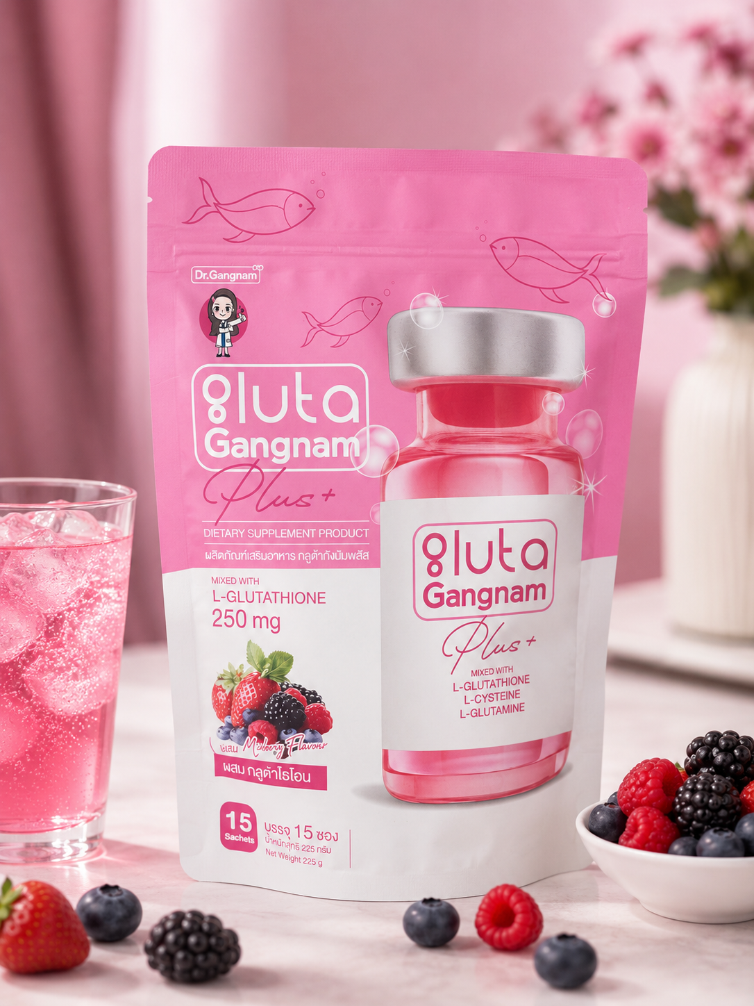 Gluta Gangnam Plus+ – Glutathione, L-Cysteine & Collagen | Skin Radiance Beauty Supplement Red Fruit Flavor | Premium Anti-Aging