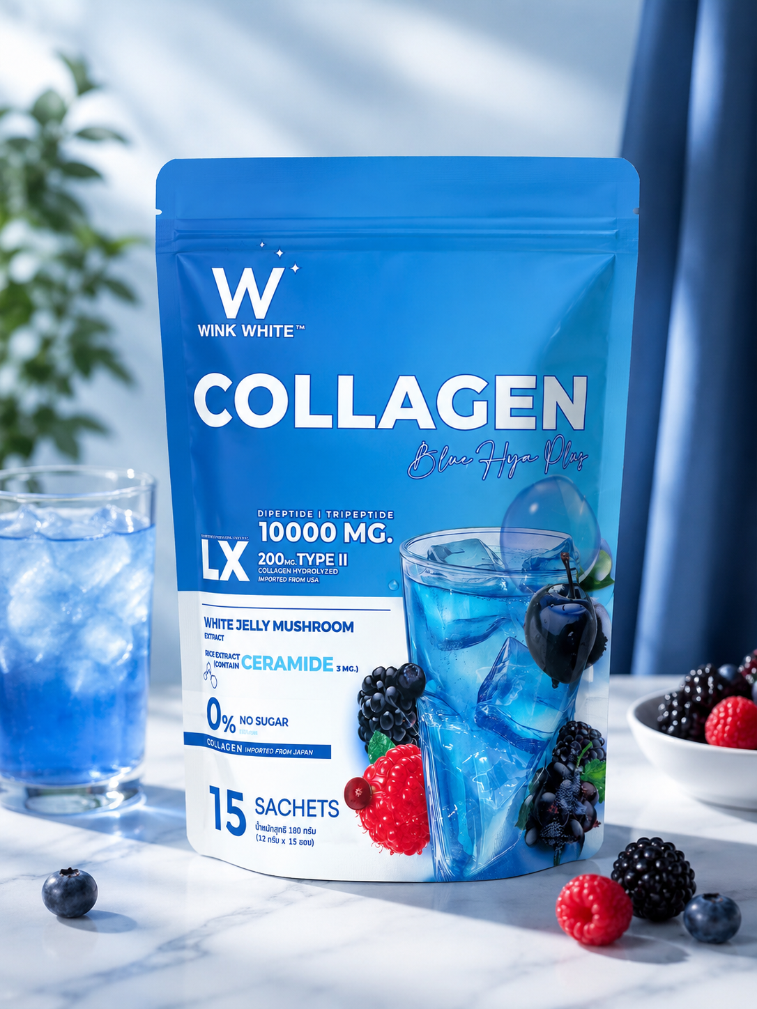 Wink White Collagen Blue Hya Plus – Marine Collagen 10,000 mg & Ceramides | Beauty Supplement Hydration & Anti-Aging Red Fruit Flavor | Sugar-Free Premium