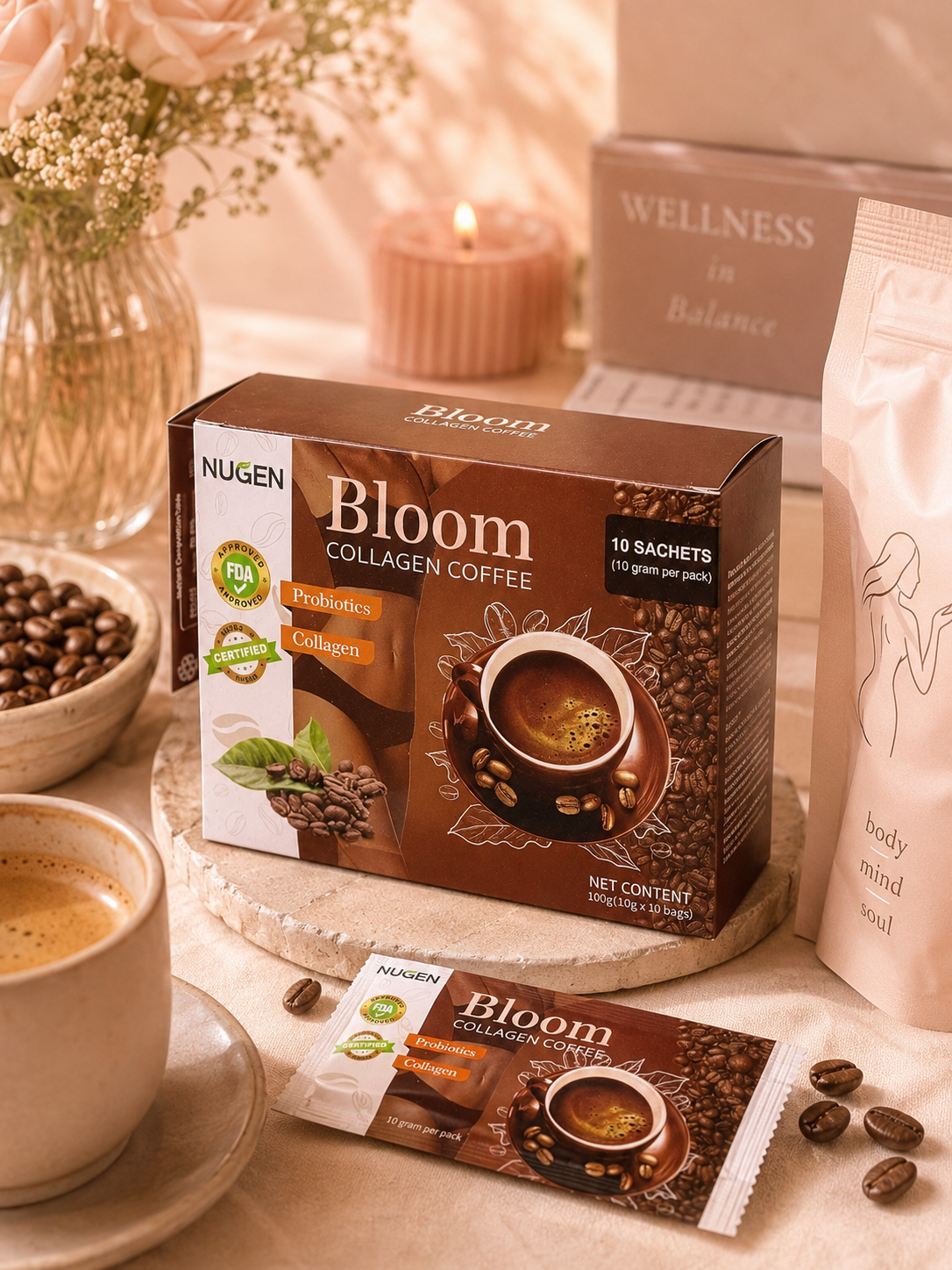 Bloom Collagen Coffee NUGEN – Café au Collagène & Probiotiques | 10 Sachets | Bien-être & Minceur