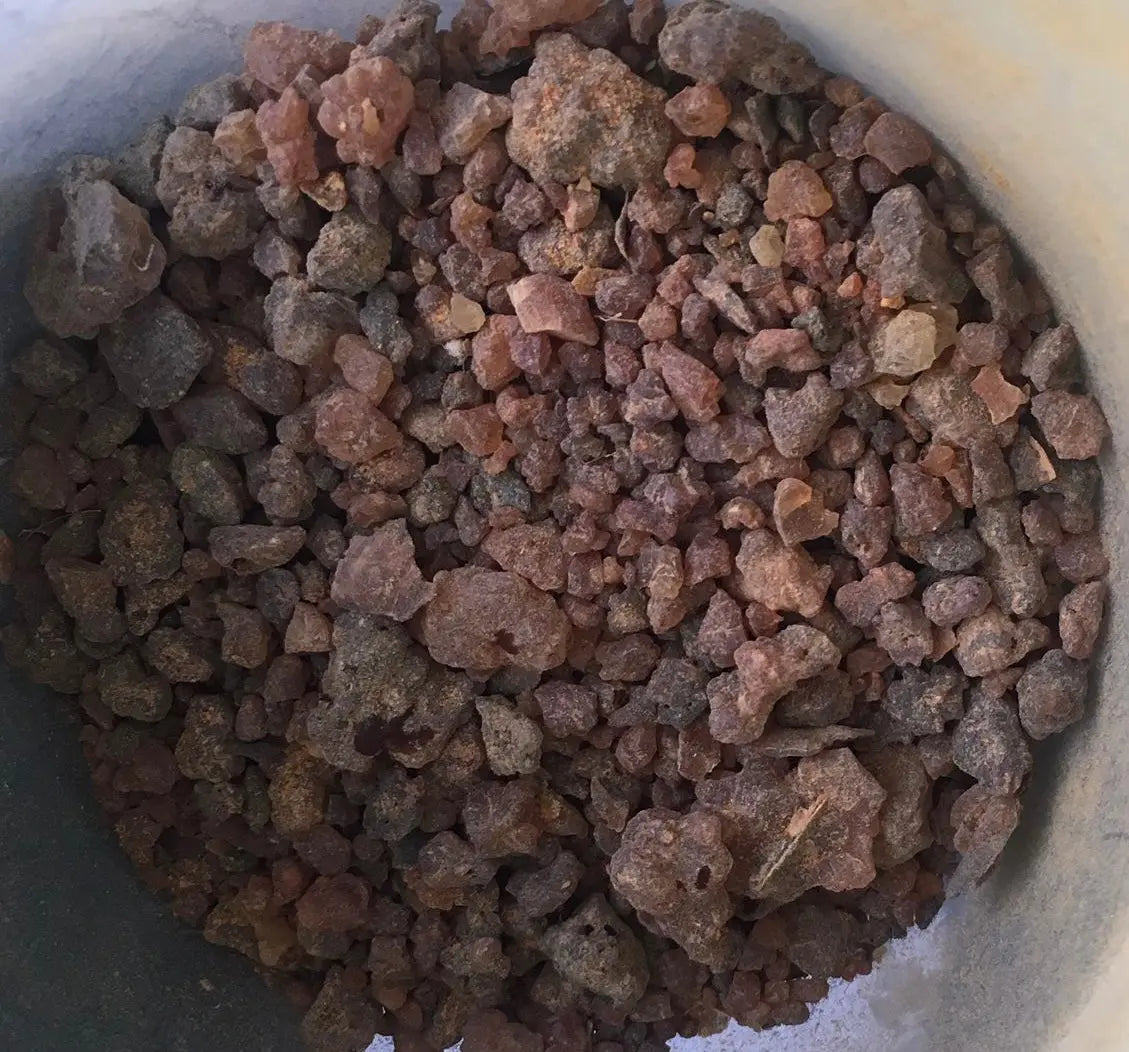 Premium Encens Louban dakar El morr oliban male frankincense resin chunks in dark brown and reddish hues in a container