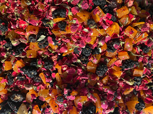 The Harem Turkish tea blend with vibrant dried candied fruits, blackberries and pink rose petals in loose leaf form