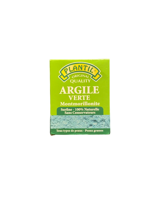 Plantil Argile Verte Montmorillonite green clay powder box, 100g natural superfine clay for skincare and hair treatment, preservative-free. Features bright green packaging with product name and texture image on white background.