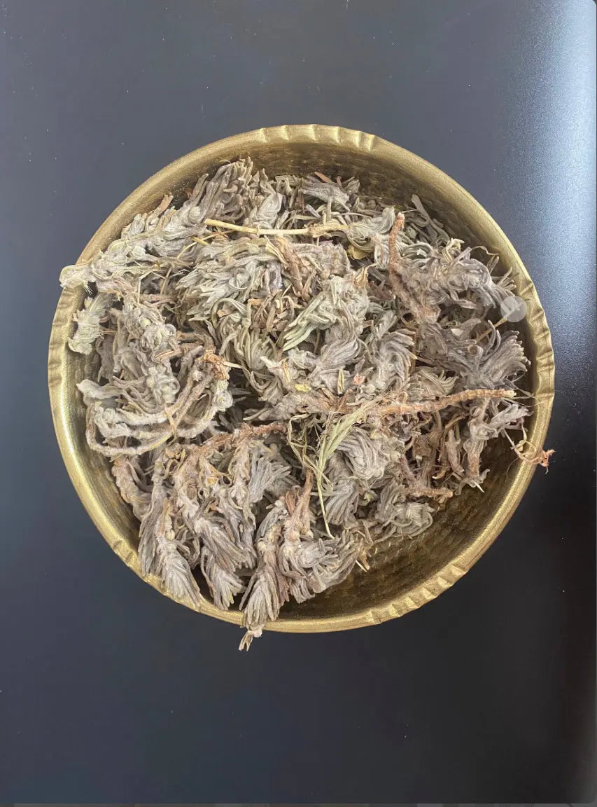 Dried Chandgoura herb (Ivette musquee) in a brass bowl showing delicate grey-brown dried leaves and stems
