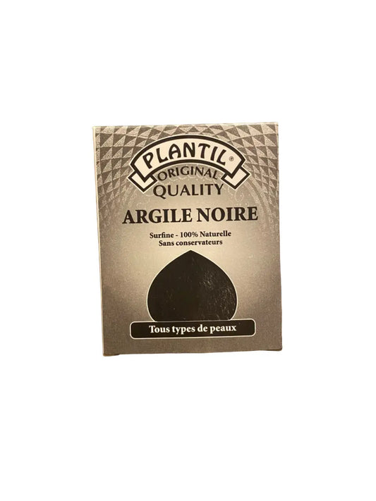 Plantic Original Quality Argile Noire black clay facial mask packaging, featuring 100% natural superfine clay for all skin types. Product box displays geometric pattern texture and brand logo on golden-toned background with black clay mineral powder illustration.
