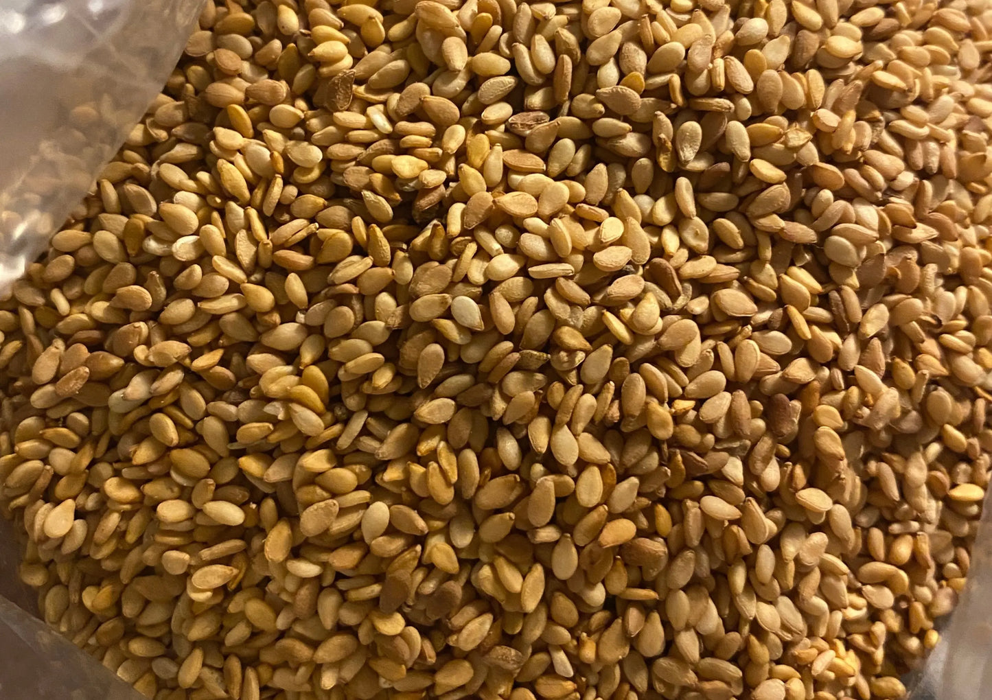 Fresh golden sesame seeds (Sesame - 50g) in clear packaging, showing natural raw texture and color