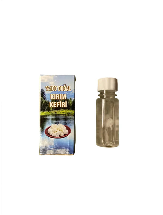 Kirim Kefiri 10ml natural kefir starter kit with package showing scenic lake view and small glass bottle for yogurt making
