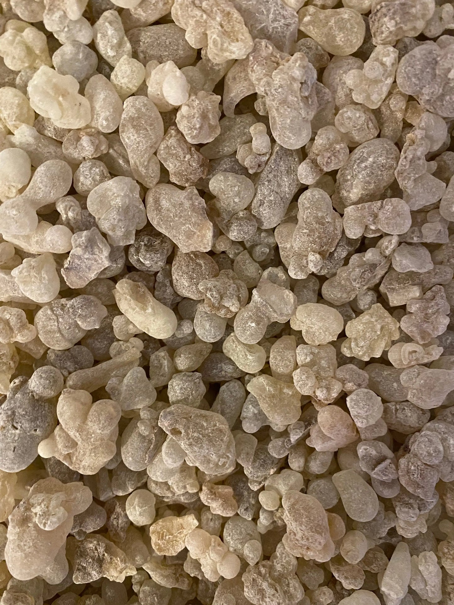 Premium Oliban hawjari frankincense resin crystals from Salalah, Oman, showing natural white and cream colored granules in detail