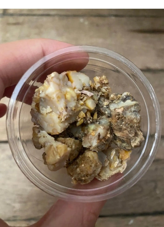 Ouchak louchaq incense resin chunks in clear container, showing natural yellow-white crystalline texture and rough surface