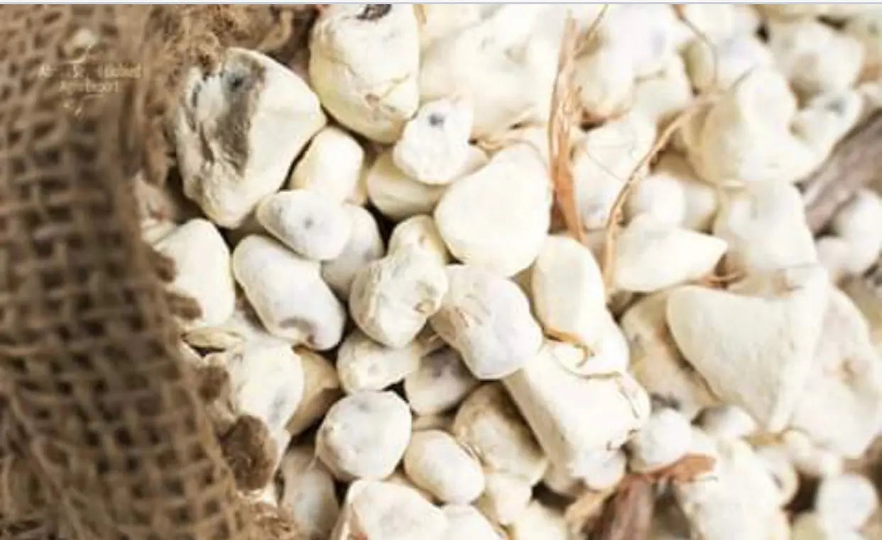 Fresh white Goungliz Quenqliz baobab fruit pieces in natural burlap sack, traditional Sudanese superfood, 200g package