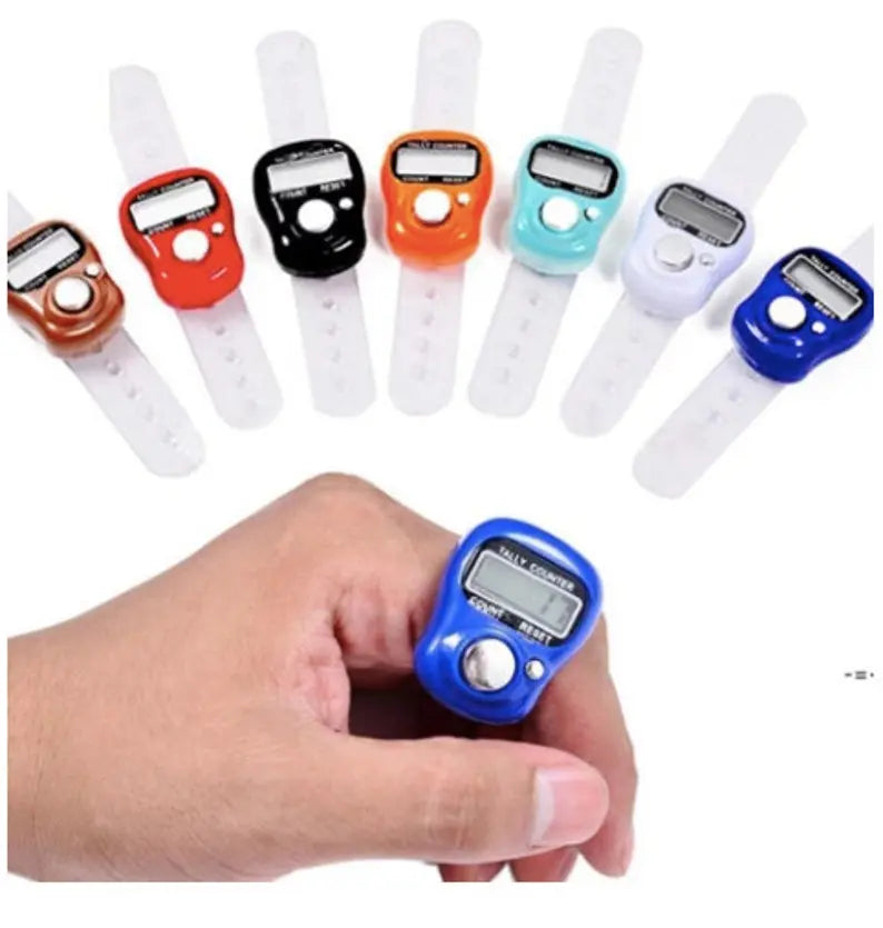 Digital LCD Tasbih Counter Ring shown in multiple colors with hand demonstration wearing blue counter device