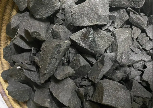 Black chunks of Benjoin Jaoui Ajmi incense resin in a basket, showing rough textured natural fragments