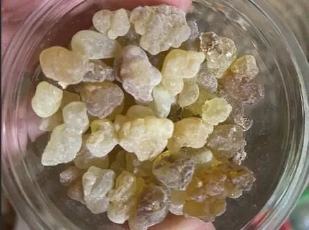 Frankincense Male Oliban crystals in glass jar, natural pale yellow resin pieces for purification and protection