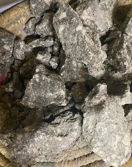 Black benjoin jaoui incense chunks, raw natural resin pieces with grey crystalline texture for Arabic spiritual rituals