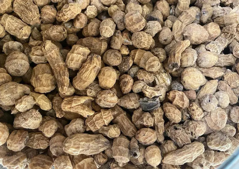 Dried tiger nuts (Habat el aziz) in natural brown color showing texture and various sizes of whole tubers in bulk display