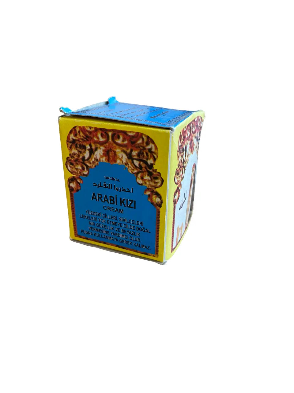Arabi kizi creme original box featuring ornate gold Arabic patterns on blue packaging, traditional Middle Eastern skin brightening cream Bint el arab, 10g container with bilingual text in Arabic and English