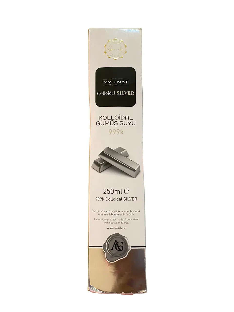Argent colloidal 999k - 250ml - 10ppm bottle packaging featuring silver ingot illustrations, Immu-nat brand colloidal silver product in white and black box with gold accents and silver seal, displaying 250ml volume and 999k purity rating