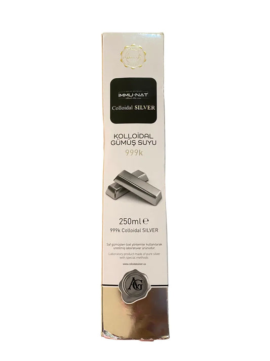 Argent colloidal 999k - 250ml - 10ppm bottle packaging featuring silver ingot illustrations, Immu-nat brand colloidal silver product in white and black box with gold accents and silver seal, displaying 250ml volume and 999k purity rating